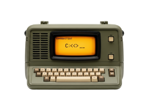 A vintage olive green, bulky portable computer with amber screen displaying pixelated text, beige keys, isolated on a bright white background. Concept of vintage industrial computing