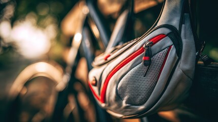 Closeup of ergonomic sling bag with cushioned back panel in focus blurred surroundings accentuating ease of wear and stylish design for active lifestyles.