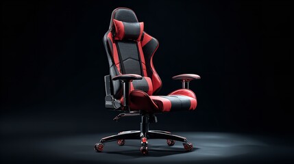 Sleek black and red gaming chair isolated against dark backdrop, ready for victory