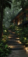 Tranquil stairway leading to a secluded house nestled in a lush, green forest
