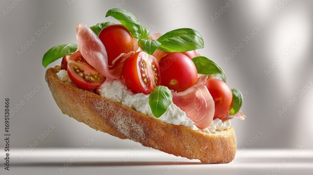 Poster slice of bread with tomatoes and basil on top. the bread is brown and the tomatoes are red