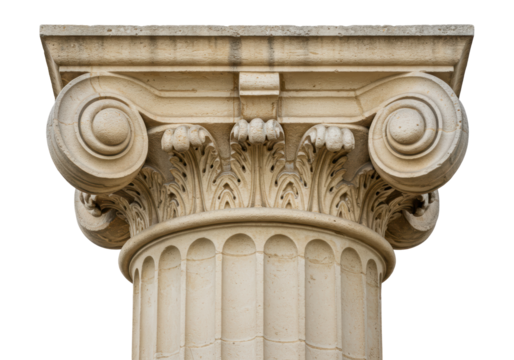 Isolated Ionic capital on a pillar, architectural detail with volutes and acanthus leaves