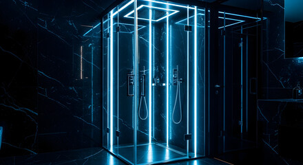 Obraz premium Luxurious Modern Bathroom Design Featuring Striking Illuminated Shower with Glowing Blue Lights