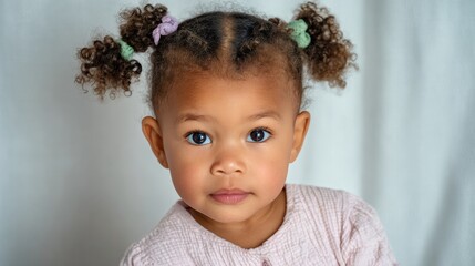 Young girl with brown hair and a pink shirt is sitting in front of a white background. She has her hair in pigtails and is looking at the camera