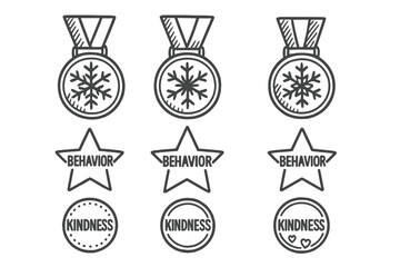 Holiday Reward Icons. Holiday reward badge system doodle set: hand drawn icons for snowflake medals, behavior stars, and kindness