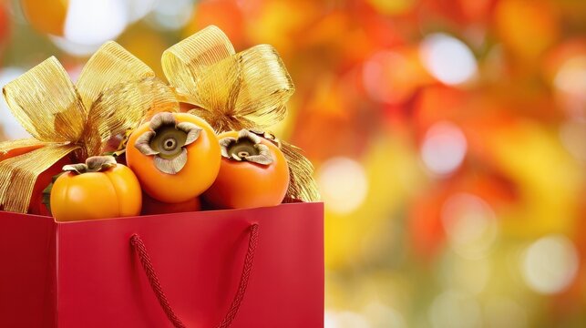 A vibrant red shopping bagoverflowing with festive gld ribbons and seasonal pesimmons against a soft autmn backdrop.