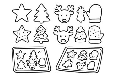 Holiday Cookie Doodle Set. Holiday cookie shape match game doodle set: hand drawn icons for sugar cookie outlines, frosted shapes,