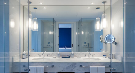 Luxurious modern bathroom interior with dual sinks, a large mirror, and elegant lighting