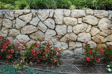 old stone wall with flowers