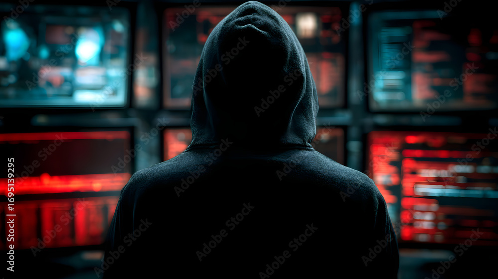 Aufkleber silhouette of a hooded computer hacker behind multipe displays and digital infrmation. data thief, c