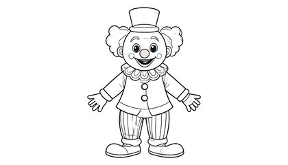 A cheerful clown character, outlined in black lines, stands in a lively pose against a plain white background.