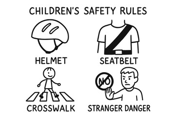 Safety Rules Doodles. Children’s safety rules doodle set: hand drawn icons for helmet, seatbelt, crosswalk, and stranger danger,