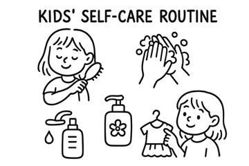 Kids Self-Care Doodles. Kids self-care routine doodle set: hand drawn icons for hair brushing, washing hands, lotion, and choosing
