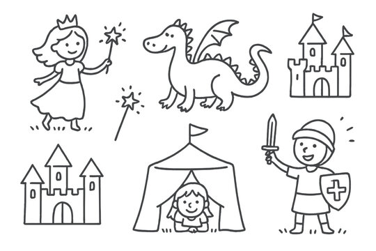 Imaginative Play Icons. Kids imaginative play doodle set: hand drawn icons for castles, dragons, magic wands, and make-believe