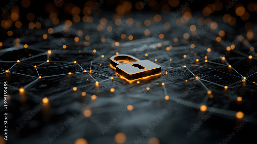 Aufkleber padlock icon within a complex interface of cyber secrity network lines and gloing dots, symbolizing 