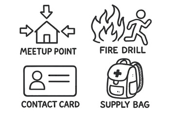 Fototapeta premium Emergency Plan Doodle. Family emergency plan doodle set: hand drawn icons for meetup point, fire drill, contact card, and supply