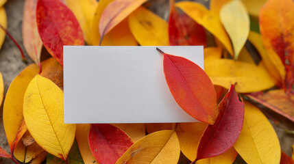 Naklejka premium Empty white card lying on colorful autumn leaves. Flat lay composition with copy space.