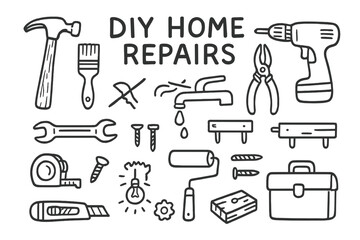 DIY Home Repair Icons. DIY home repairs doodle set: hand drawn icons for tools, minor fixes, and weekend projects, isolated