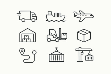 Logistics and Delivery Icons Set – Cargo Truck, Airplane Shipping, Container Ship, Warehouse