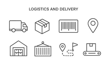 Logistics and Delivery Icons Set – Cargo Truck, Airplane Shipping, Container Ship, Warehouse