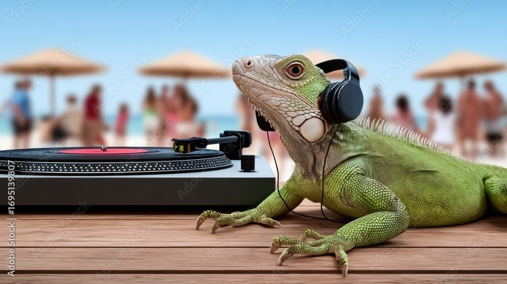 Aufkleber lizard is laying on a table next to a record player. the lizard is wearing headphones and he is list