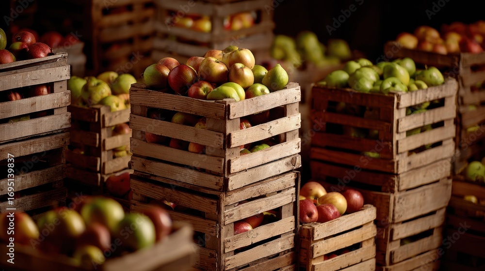 Poster rustic wooden crates filled with organic fruits stacked neatly central focus on shiny apples while s