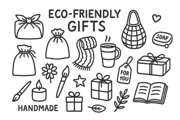 Obraz premium Eco-Friendly Gift Doodles. Eco-friendly gifts doodle set: hand drawn icons for reusable wrap, handmade goods, and thoughtful items