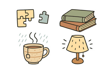 Rainy Day Doodles. Rainy afternoon doodle set: hand drawn icons for puzzles, books, tea, and soft lighting, isolated transparent