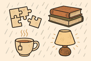Rainy Day Doodles. Rainy afternoon doodle set: hand drawn icons for puzzles, books, tea, and soft lighting, isolated transparent