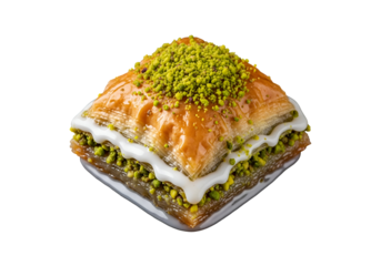 A close-up view of a delicious baklava, layered with flaky pastry, drizzled with creamy white icing, and topped with pistachio nuts.