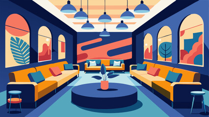 A large communal seating area with plush couches and modern artwork.