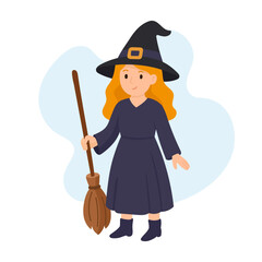 Charming Illustration of a Young Witch with a Broomstick, Wearing a Classic Black Hat and Dress, Capturing the Spirit of Halloween and Magic in a Playful Style