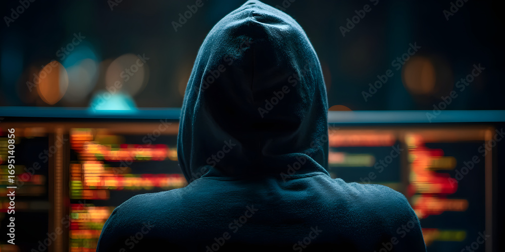 Poster hacker capturing personal data from computer display for identity theft or finncial fraud.