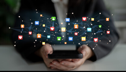 Social media interaction digital icons floating show concept of social media marketing. Online engagement, influencer marketing, and modern connection technology. Spline