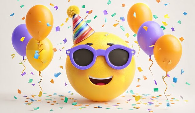 Happy emoji with party hat and sunglasses, confetti and balloons on birthday background with white space