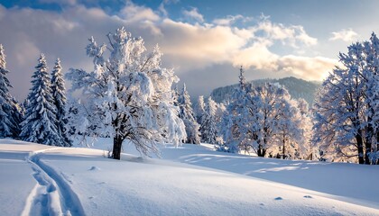 A serene winter landscape showcases snow-dusted trees under a vibrant, partly cloudy sky, with a gentle slope of pristine snow and hints of distant hills.