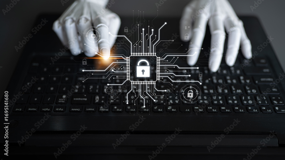 Poster ai safeguarding cyber security system, monitoring threats, analyzing attack patterns, and securing d