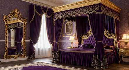 Luxurious Purple Bedroom With Ornate Gold Accents, A Regal Resting Place