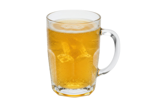 Isolated frothy beer in glass mug, refreshment drink beverage with condensation, beer pub