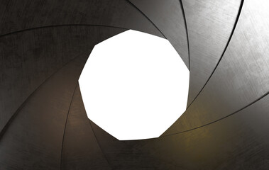 Close-up view of a camera aperture of lens diaphragm. Open metal hole. The image conveys a technical and mechanical aesthetic.