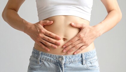 Fototapeta premium Close-up view of a person gently touching their stomach, suggesting possible discomfort or concern.