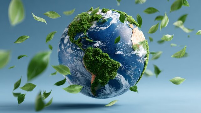 Planet covered in a lush green canopy of leaves, with a blue sky above it. The leaves are swirling around the planet, creating a sense of movement and life. The scene evokes a feeling of tranquility - Powered by Adobe