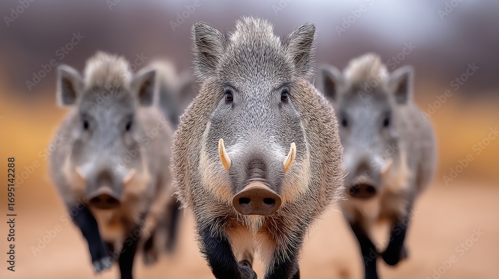 Poster three pigs are running in the desert. one of them has a big snout. the other two are behind it