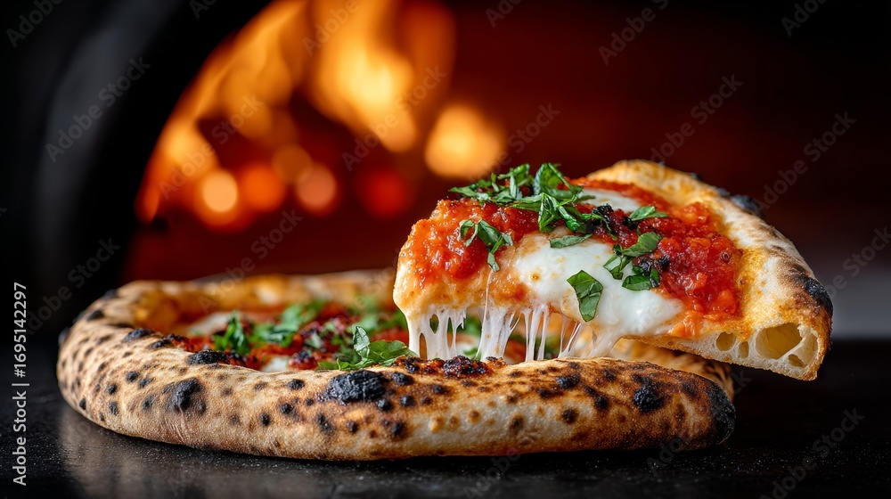 Poster slice of pizza with cheese and basil on top. the pizza is sitting on a table and has a piece missing