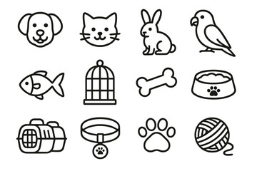 Pet Care and Animal Icons Set – Dog, Cat, Bird, Rabbit, Fish, Food and Accessories