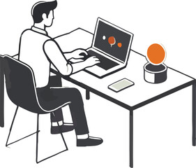 Man Working on Laptop Showing Planets Orange Device on Desk