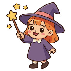 A cute little witch girl with a magic wand she is wearing a purple dress and hat, and she is smiling halloween concept