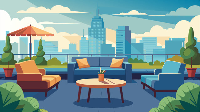 An outdoor terrace with comfortable seating and a view of the surrounding cityscape.