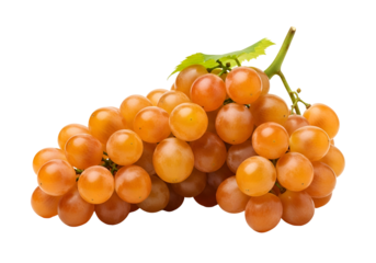A bunch of vibrant, light orange grapes, isolated against a black backdrop, displays a cluster of round, juicy fruit, highlighted by green leaves on the stem.