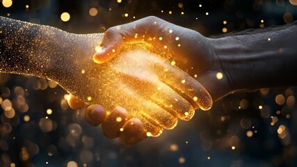 Close-up of hands shaking with digital particles, highly detailed, glowing and sharp, futuristic and professional, partnership and success, corporate collaboration - Powered by Adobe